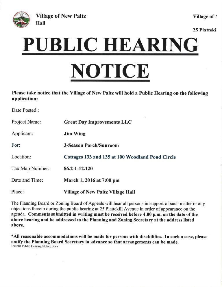 2016-03-01 Planning Board Public Hearing Notice • Village Of New Paltz