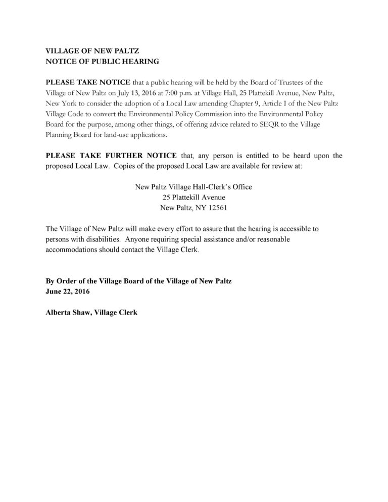 Notice Of Public Hearing • Village Of New Paltz