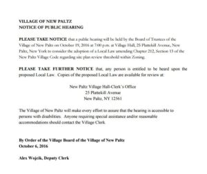 Public Hearing Notice: 10/19/2016 • Village Of New Paltz