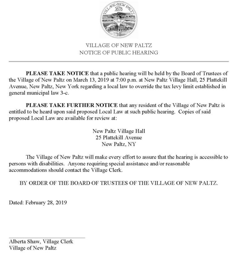 Public Hearing Notice • Village Of New Paltz