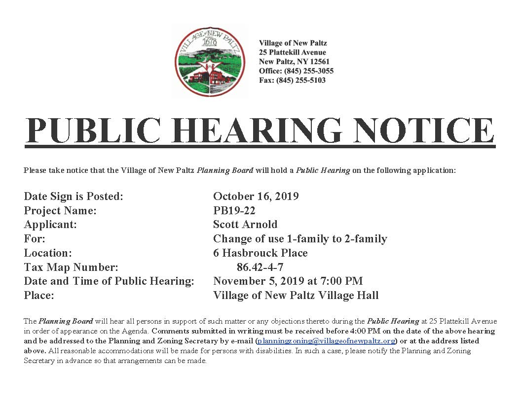 Planning Board: Public Hearing Notice, 11/05/19 • Village Of New Paltz